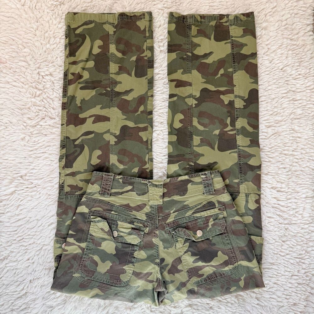 GARAGE Camo Green Lowrise Flared Cargo Pants Side Pockets Streetwear Y2K Size 00